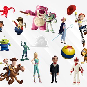 May include: A collection of toy characters from the Toy Story franchise, including Woody, Buzz Lightyear, Jessie, and Mr. Potato Head. The toys are arranged in a playful and whimsical manner, with some standing, some sitting, and some flying. The background is a white surface with a light blue and white striped pattern.