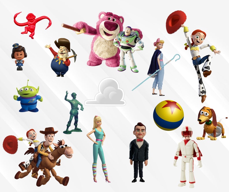 May include: A collection of toy characters from the Toy Story franchise, including Woody, Buzz Lightyear, Jessie, and Mr. Potato Head. The toys are arranged in a playful and whimsical manner, with some standing, some sitting, and some flying. The background is a white surface with a light blue and white striped pattern.