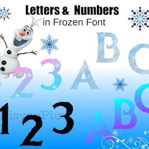 May include: Letters and numbers in a Frozen font. The letters A, B, and C are in a blue and white icy design. The numbers 1, 2, and 3 are in a pink and blue icy design. The letters A, B, and C are also in a black and white design. The numbers 1, 2, and 3 are also in a black and white design. The image also includes a cartoon image of Olaf from Frozen.