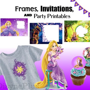 May include: A set of printable party decorations featuring Rapunzel from Disney's Tangled. The set includes frames, invitations, cupcake toppers, and a t-shirt design. The decorations are purple, yellow, and green.