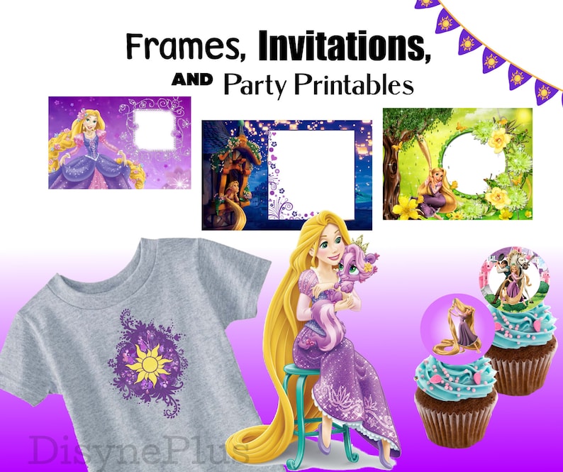 May include: A set of printable party decorations featuring Rapunzel from Disney's Tangled. The set includes frames, invitations, cupcake toppers, and a t-shirt design. The decorations are purple, yellow, and green.