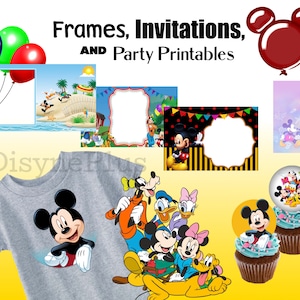 May include: Printable Mickey Mouse party decorations, including frames, invitations, cupcake toppers, and a t-shirt design. The designs feature Mickey Mouse and his friends in various poses.