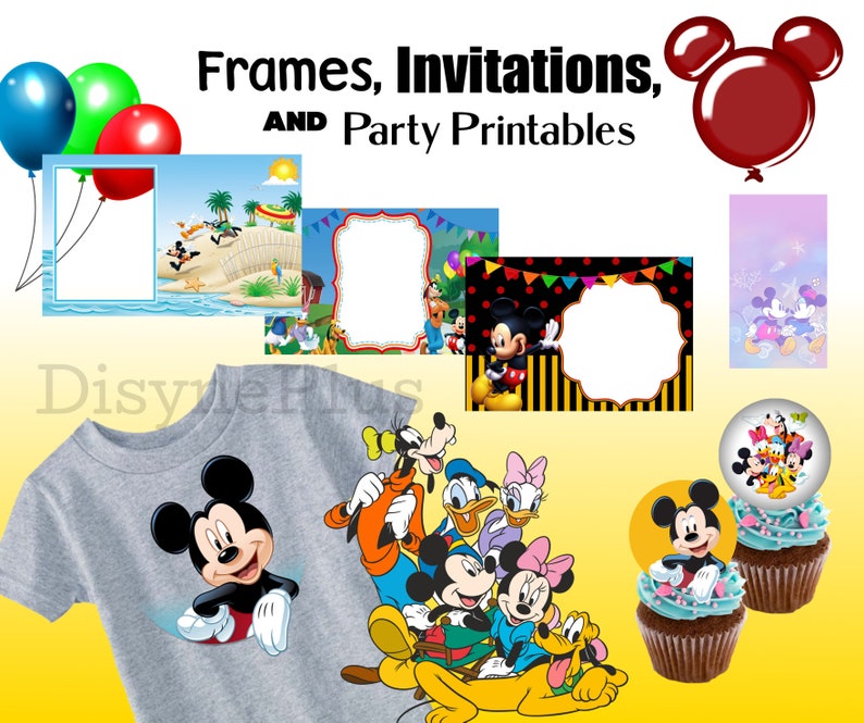 May include: Printable Mickey Mouse party decorations, including frames, invitations, cupcake toppers, and a t-shirt design. The designs feature Mickey Mouse and his friends in various poses.