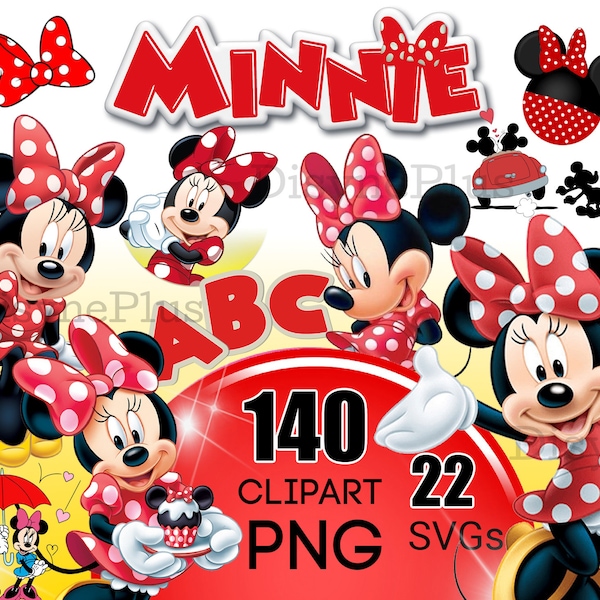 Minnie Mouse clip art, Minnie Mouse SVG, Minnie Mouse Font, Cute Printable images for Minnie Mouse birthday party, Minnie mouse cake topper