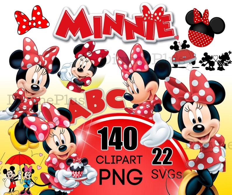 May include: A set of 140 Minnie Mouse clipart images in PNG and 22 SVG format. The images feature Minnie Mouse in various poses and outfits, including a red dress with white polka dots, a red bow, and white gloves. The images are perfect for crafting, scrapbooking, and other creative projects.
