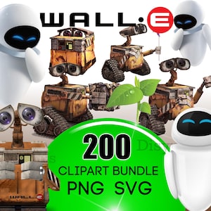 Puede incluir: Una ilustración digital con los personajes WALL-E y EVE. La imagen muestra varios robots WALL-E en naranja y marrón, y robots EVE en blanco. Un círculo verde muestra "200 CLIPART BUNDLE PNG SVG".
