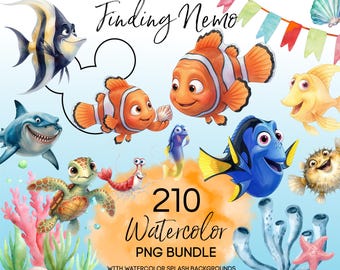Nemo Watercolor PNG Clipart Bundle, Finding Nemo Dory Digital Papers, Hand painted Fish Clipart for Nemo Birthday, Nemo shirts, and more