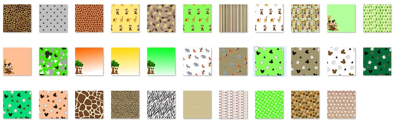 May include: A collection of 36 digital paper patterns featuring various animal prints, including giraffe, zebra, leopard, and cheetah, as well as Mickey Mouse ears and other safari-themed designs. The patterns are in a variety of colors, including green, brown, orange, and white.