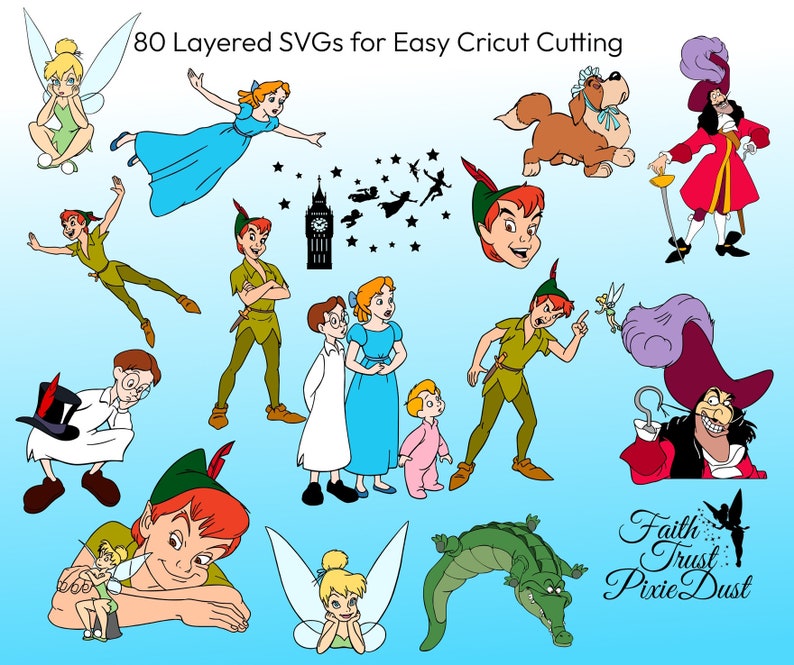 May include: A set of 80 layered SVG files for easy Cricut cutting, featuring characters from the Disney movie Peter Pan. The characters include Peter Pan, Tinkerbell, Captain Hook, and Wendy. The image also includes the text "Faith Trust Pixie Dust".