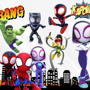 Puede incluir: Un grupo de superh&eacute;roes de dibujos animados, incluyendo Spider-Man, Spider-Gwen, Miles Morales, Black Panther, Hulk y un personaje femenino con seis brazos, de pie frente a una ciudad. El texto "BANG" y "KAPOW!" est&aacute;n en el fondo.