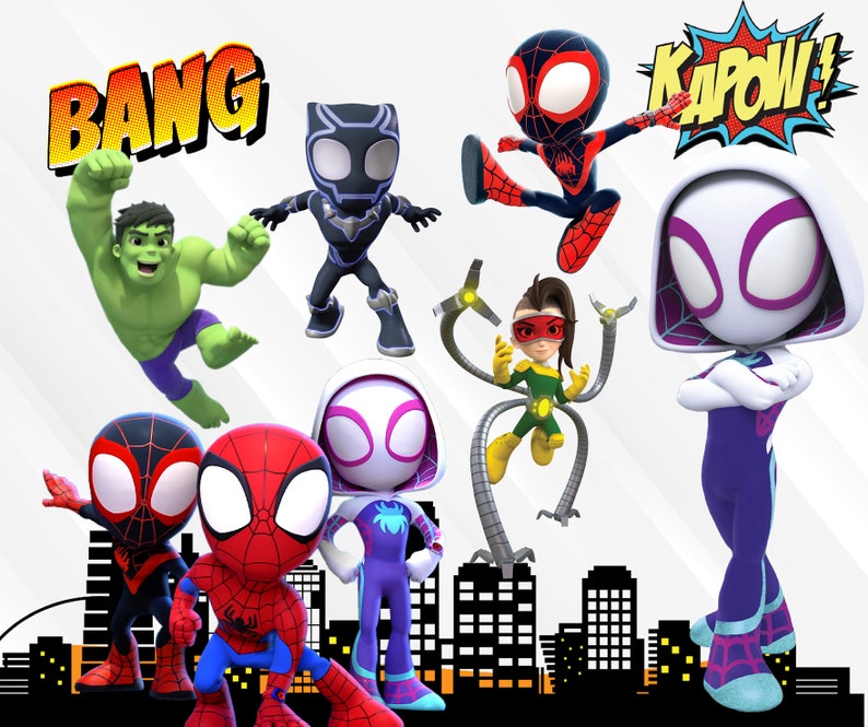 Puede incluir: Un grupo de superh&eacute;roes de dibujos animados, incluyendo Spider-Man, Spider-Gwen, Miles Morales, Black Panther, Hulk y un personaje femenino con seis brazos, de pie frente a una ciudad. El texto "BANG" y "KAPOW!" est&aacute;n en el fondo.