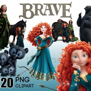 Brave Clipart, Merida PNG, Merida Instant Download, 120 PNG princesa imprimível para artesanato, camisas, aniversários, ferro em sublimação