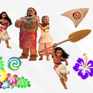May include: A group of animated characters from the movie Moana. The characters are standing on a white background with a green, blue, and orange swirl design in the bottom left corner. There is a purple hibiscus flower in the top right corner.