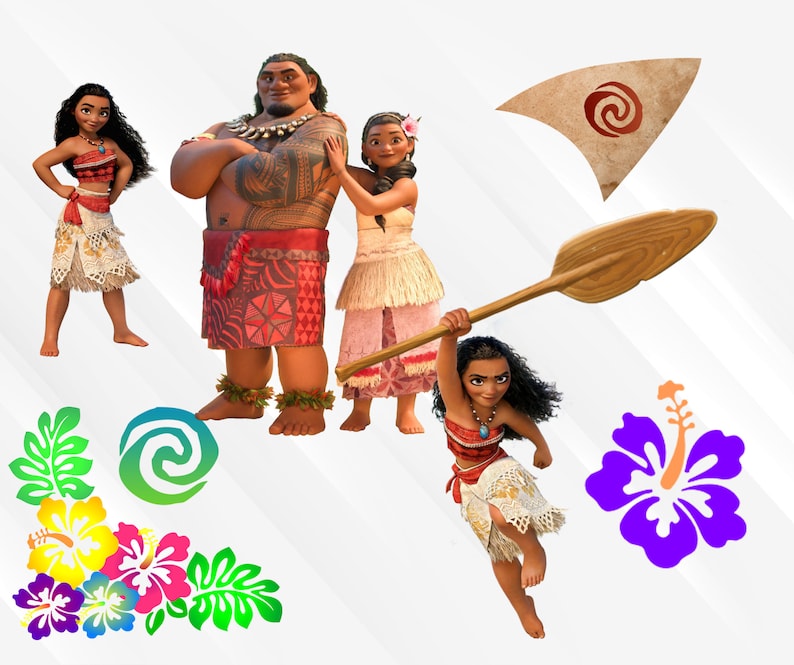 May include: A group of animated characters from the movie Moana. The characters are standing on a white background with a green, blue, and orange swirl design in the bottom left corner. There is a purple hibiscus flower in the top right corner.