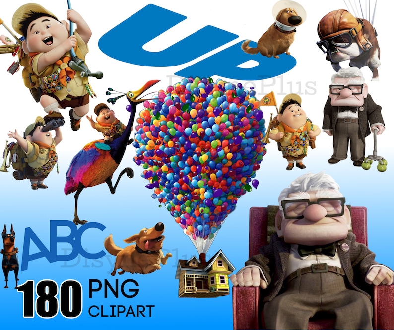 Puede incluir: Una colecci&oacute;n de personajes de dibujos animados coloridos de la pel&iacute;cula animada Up. Los personajes incluyen un joven explorador, un anciano, un perro y un p&aacute;jaro. Los personajes est&aacute;n todos de pie sobre un fondo azul con una casa y globos en el fondo. El texto "180 PNG CLIPART" est&aacute; en la parte inferior de la imagen.