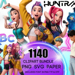 Clipart Kpop, pacchetto PNG SVG di Huntrix con alfabeto Kpop, file digitali clipart di Demon Hunters con Rumi, Mira, Zoey e Saja Boys