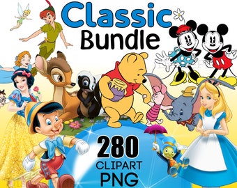 May include: A colorful illustration featuring classic Disney characters, including Mickey Mouse, Minnie Mouse, Winnie the Pooh, Tigger, Peter Pan, and Alice in Wonderland. The image includes the text "Classic Bundle 280 Clipart PNG".