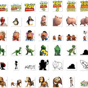 May include: A collage of images featuring characters and logos from the Toy Story franchise. The images include Woody, Buzz Lightyear, Mr. Potato Head, Rex, and the Toy Story logo.