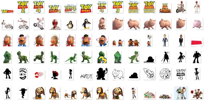 May include: A collage of images featuring characters and logos from the Toy Story franchise. The images include Woody, Buzz Lightyear, Mr. Potato Head, Rex, and the Toy Story logo.