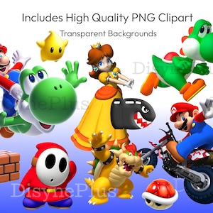 Op de afbeelding: Een set digitale clipart met personages uit de Super Mario-franchise. De personages zijn Mario, Luigi, Yoshi, Bowser, Peach en een Shy Guy. De personages zijn allemaal in hun iconische kleuren en poses. De clipart is perfect voor het maken van digitale projecten, zoals uitnodigingen, kaarten en social media-graphics.