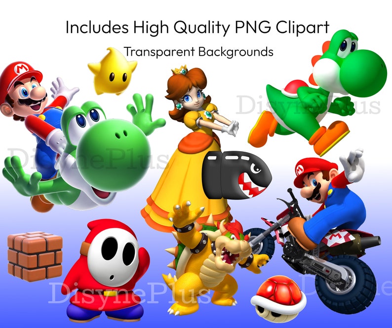 Op de afbeelding: Een set digitale clipart met personages uit de Super Mario-franchise. De personages zijn Mario, Luigi, Yoshi, Bowser, Peach en een Shy Guy. De personages zijn allemaal in hun iconische kleuren en poses. De clipart is perfect voor het maken van digitale projecten, zoals uitnodigingen, kaarten en social media-graphics.