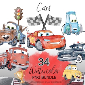 Cars Watercolor Clipart, Cars PNG, Hand painted Lightning McQueen PNG, Watercolor PNG
