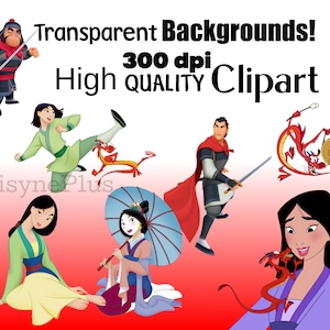 May include: A set of six digital clipart images featuring characters from the animated film Mulan. The characters include Mulan, Mushu, Shang, and the Emperor. The images are set against a red background with the text "Transparent Backgrounds! 300 dpi High Quality Clipart".