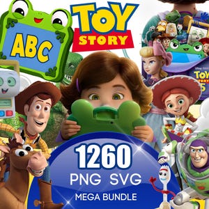May include: A vibrant digital graphic featuring characters from the animated film "Toy Story." The image includes Woody, Buzz Lightyear, Jessie, and other characters. The text "Toy Story" is displayed prominently, along with "1260 PNG SVG MEGA BUNDLE."