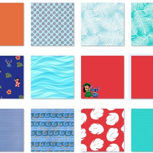 May include: A collection of 18 digital paper patterns featuring various designs, including tropical flowers, geometric shapes, and cartoon characters. The patterns are in a variety of colors, including blue, red, green, and orange.