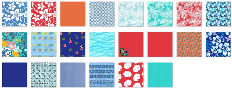 May include: A collection of 18 digital paper patterns featuring various designs, including tropical flowers, geometric shapes, and cartoon characters. The patterns are in a variety of colors, including blue, red, green, and orange.