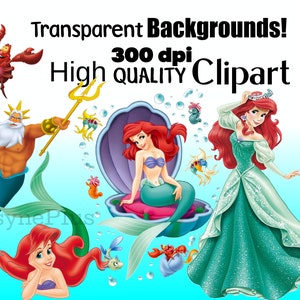 Puede incluir: Clipart digital colorido con personajes de una popular pel&iacute;cula animada. La imagen incluye una sirena pelirroja, un rey con un tridente y un cangrejo rojo. El texto dice "Transparent Backgrounds! 300 dpi High Quality Clipart."