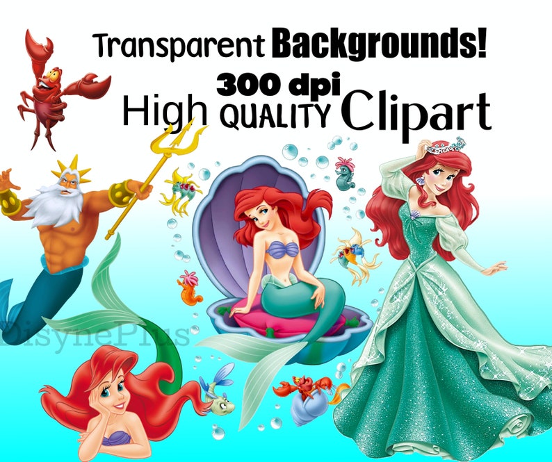 Puede incluir: Clipart digital colorido con personajes de una popular pel&iacute;cula animada. La imagen incluye una sirena pelirroja, un rey con un tridente y un cangrejo rojo. El texto dice "Transparent Backgrounds! 300 dpi High Quality Clipart."