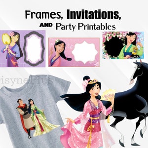 May include: Printable frames, invitations, and party printables featuring Mulan, the Disney princess, in various poses. The printables are in pink, purple, and green colors with floral designs. There is also a t-shirt with Mulan and her love interest, Li Shang, on it.