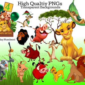 May include: A set of colorful digital clipart images featuring characters from the Lion King movie. The images include Simba, Pumbaa, Timon, and Nala. The images are perfect for creating birthday cards, invitations, or other crafts.