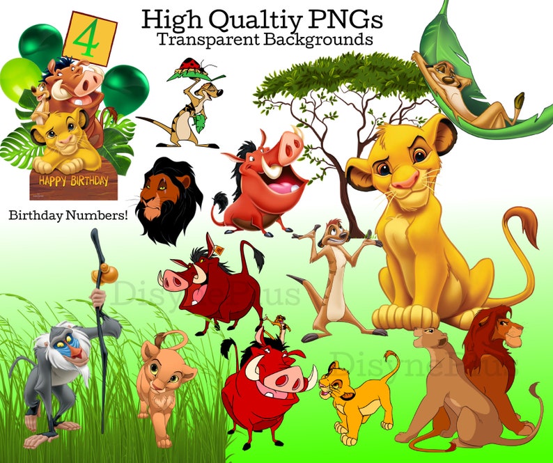 May include: A set of colorful digital clipart images featuring characters from the Lion King movie. The images include Simba, Pumbaa, Timon, and Nala. The images are perfect for creating birthday cards, invitations, or other crafts.