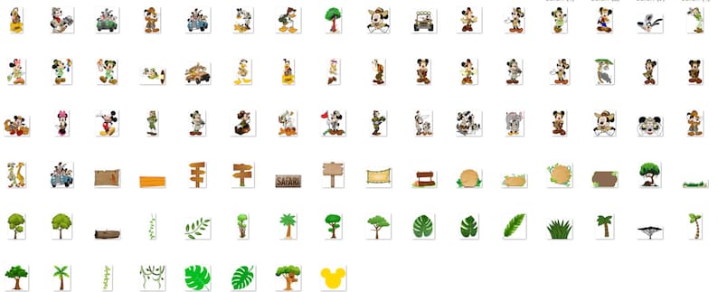May include: A set of digital clipart images featuring Mickey Mouse and his friends in various poses and settings. The images include Mickey Mouse, Minnie Mouse, Donald Duck, Goofy, Pluto, and other characters from the Disney universe. The images are perfect for creating invitations, cards, scrapbook pages, and other craft projects.