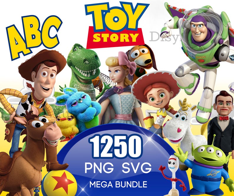 May include: A colorful image featuring characters from the Toy Story franchise, including Woody, Buzz Lightyear, Jessie, and Rex. The image also includes the text "ABC" and "Toy Story" in large, bold letters. The image is a digital download of 1250 PNG and SVG files.
