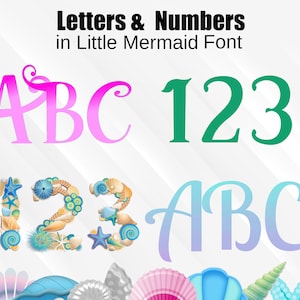 Puede incluir: La imagen muestra el texto "Letters & Numbers in Little Mermaid Font". Muestra las letras ABC en rosa y azul, y los n&uacute;meros 123 en verde. Los n&uacute;meros 1, 2 y 3 est&aacute;n decorados con conchas marinas y estrellas de mar.