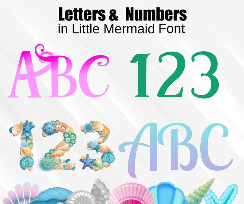 Puede incluir: La imagen muestra el texto "Letters & Numbers in Little Mermaid Font". Muestra las letras ABC en rosa y azul, y los n&uacute;meros 123 en verde. Los n&uacute;meros 1, 2 y 3 est&aacute;n decorados con conchas marinas y estrellas de mar.