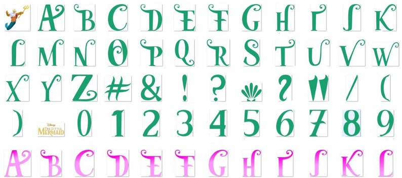 Puede incluir: Una colecci&oacute;n de letras y n&uacute;meros estilizados en verde y rosa, incluyendo el s&iacute;mbolo ampersand, el signo de exclamaci&oacute;n, el signo de interrogaci&oacute;n y un gr&aacute;fico de concha. Tambi&eacute;n est&aacute; presente el logotipo de Disney La Sirenita.