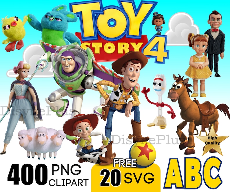 May include: A set of Toy Story 4 character clipart featuring Woody, Buzz Lightyear, Jessie, Forky, Bo Peep, and more. The characters are colourful and cartoonish, and the set includes 400 PNG clipart images and 20 free SVG files.