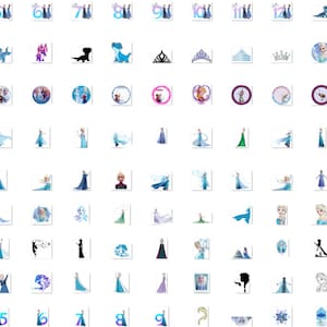 May include: A collection of Frozen-themed digital clipart images, including characters, crowns, snowflakes, and numbers. The images are in various colors, including blue, purple, and white.