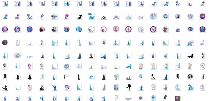 May include: A collection of Frozen-themed digital clipart images, including characters, crowns, snowflakes, and numbers. The images are in various colors, including blue, purple, and white.