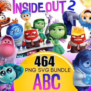 May include: A digital graphic featuring characters from the animated film "Inside Out 2." The image includes characters representing emotions, with text that reads "464 PNG SVG BUNDLE ABC."