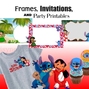 May include: A set of printable party decorations featuring Stitch and Lilo from the Disney movie Lilo & Stitch. The set includes frames, invitations, cupcake toppers, and a t-shirt design. The colors are blue, red, yellow, and green.