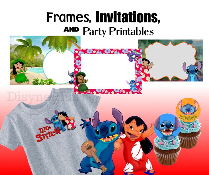 May include: A set of printable party decorations featuring Stitch and Lilo from the Disney movie Lilo & Stitch. The set includes frames, invitations, cupcake toppers, and a t-shirt design. The colors are blue, red, yellow, and green.