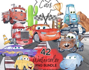 Cars Watercolor Clipart, Cars PNG, Hand painted Lightning McQueen PNG, Watercolor PNG