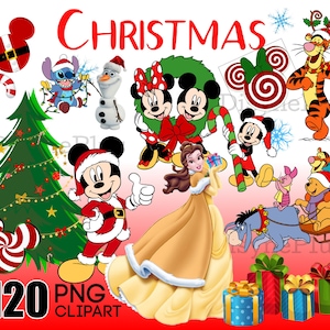 Noël Mickey Mouse Clipart, vacances pour enfants PNG, Minnie Mouse Noël clip art, Winnie ourson imprimable, vacances princesse