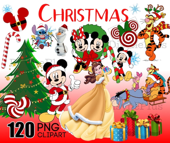 Christmas Mickey Mouse Clipart, Kids Holiday PNG, Minnie Mouse Christmas clip art, Winnie pooh printable, Holiday Princess