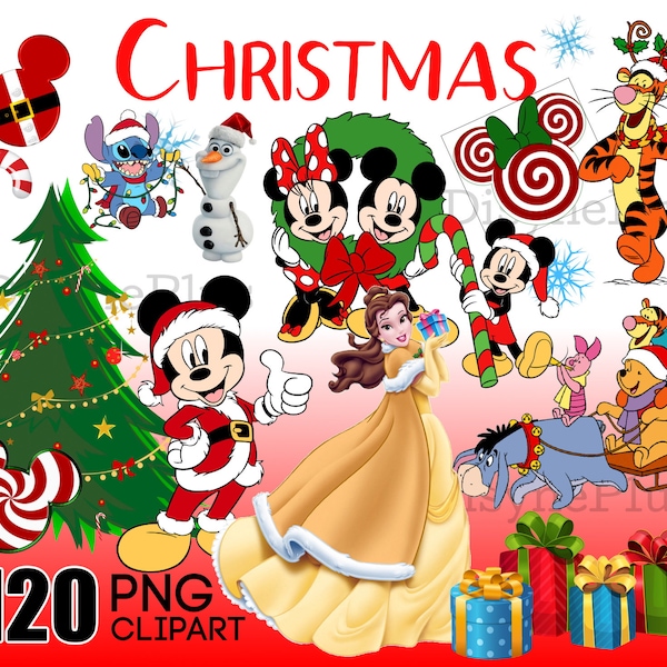 Kerst Mickey Mouse Clipart, Kids Holiday PNG, Minnie Mouse Christmas clip art, Winnie Pooh afdrukbaar, Holiday Princess
